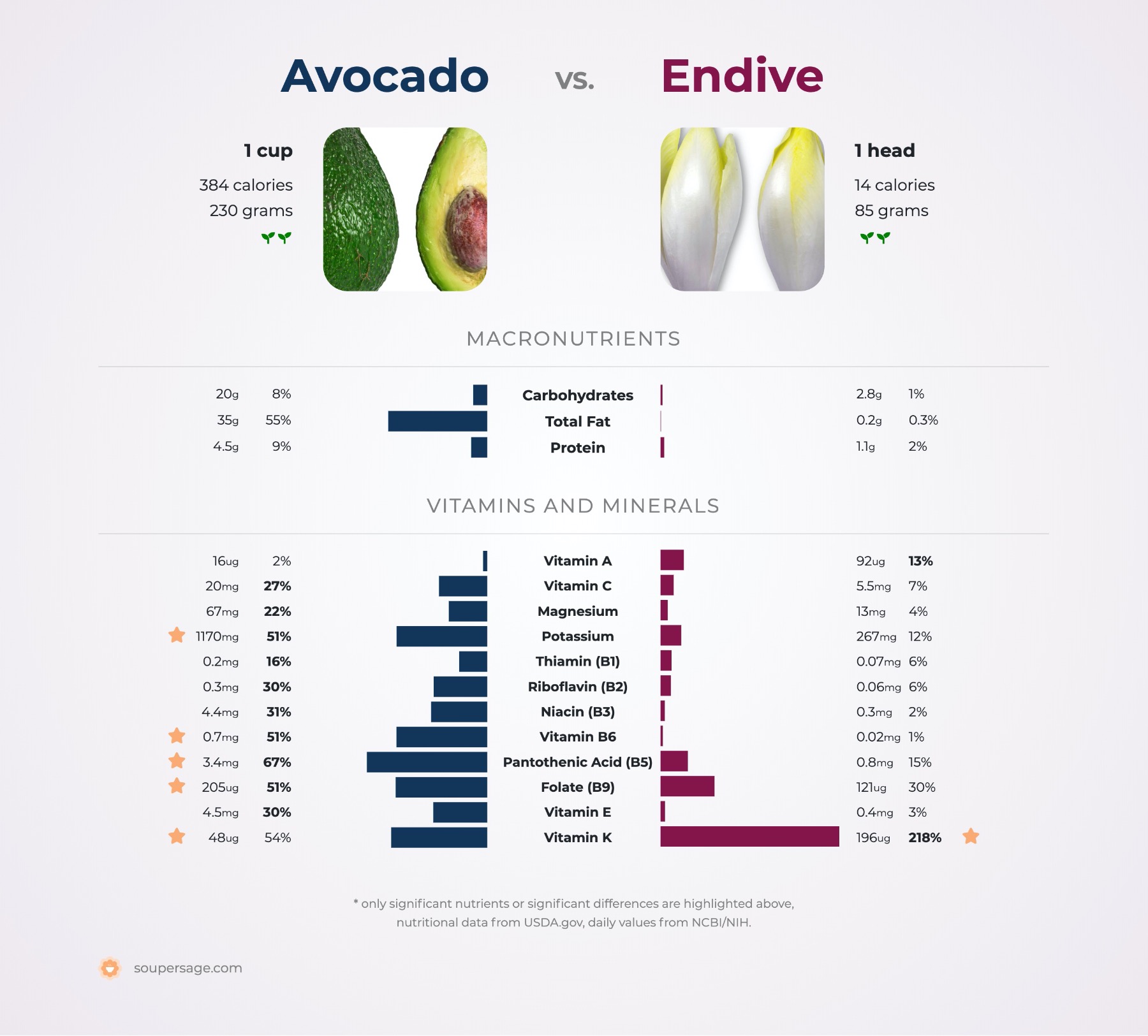 nutrition comparison of avocado vs. endive