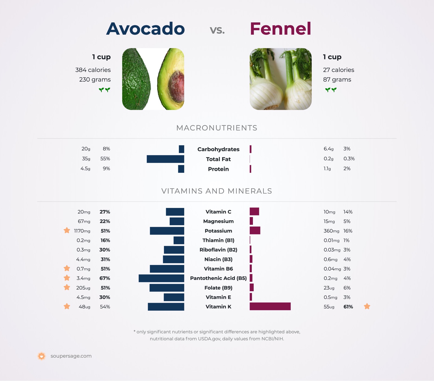 nutrition comparison of avocado vs. fennel