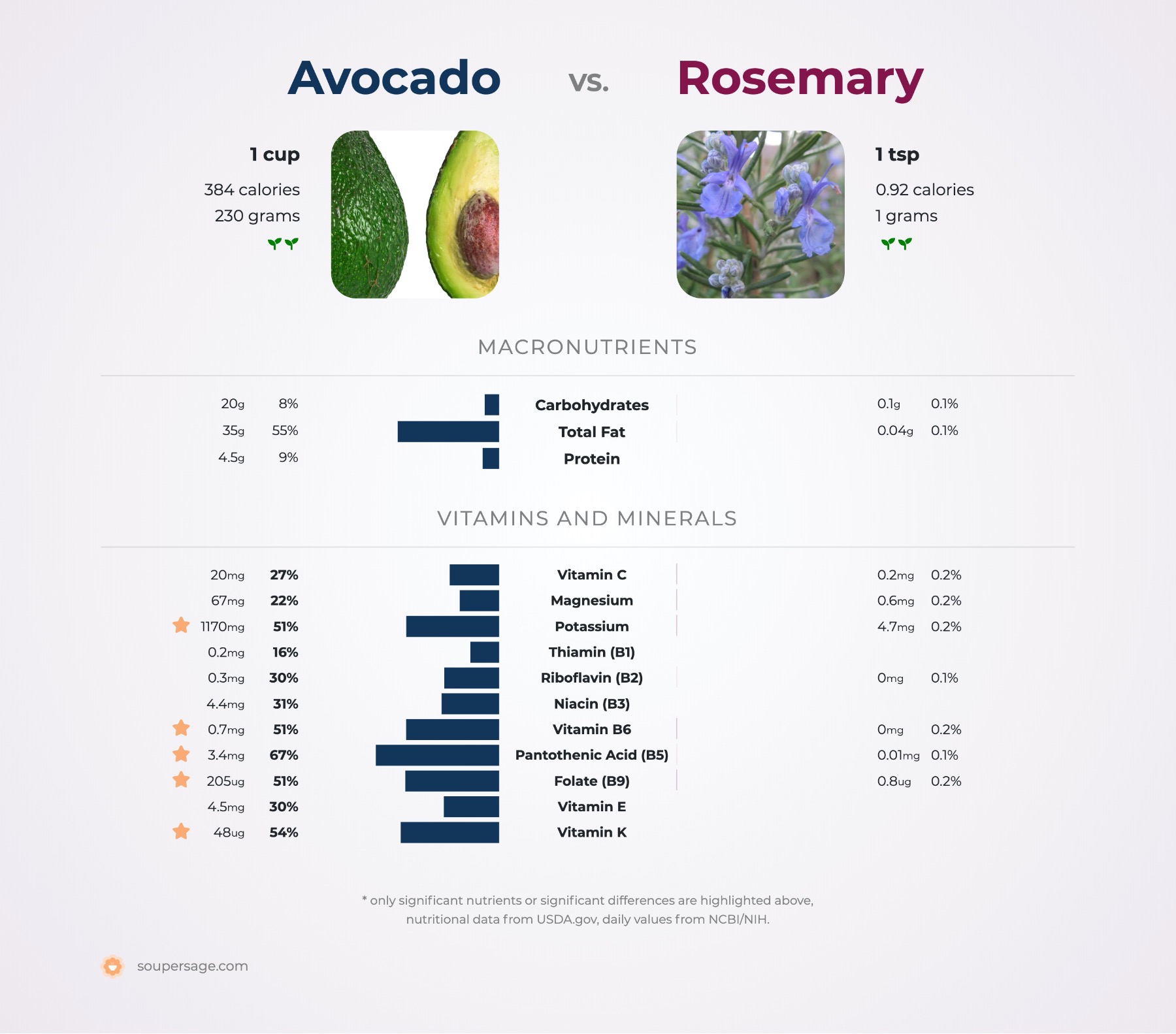 nutrition comparison of avocado vs. rosemary
