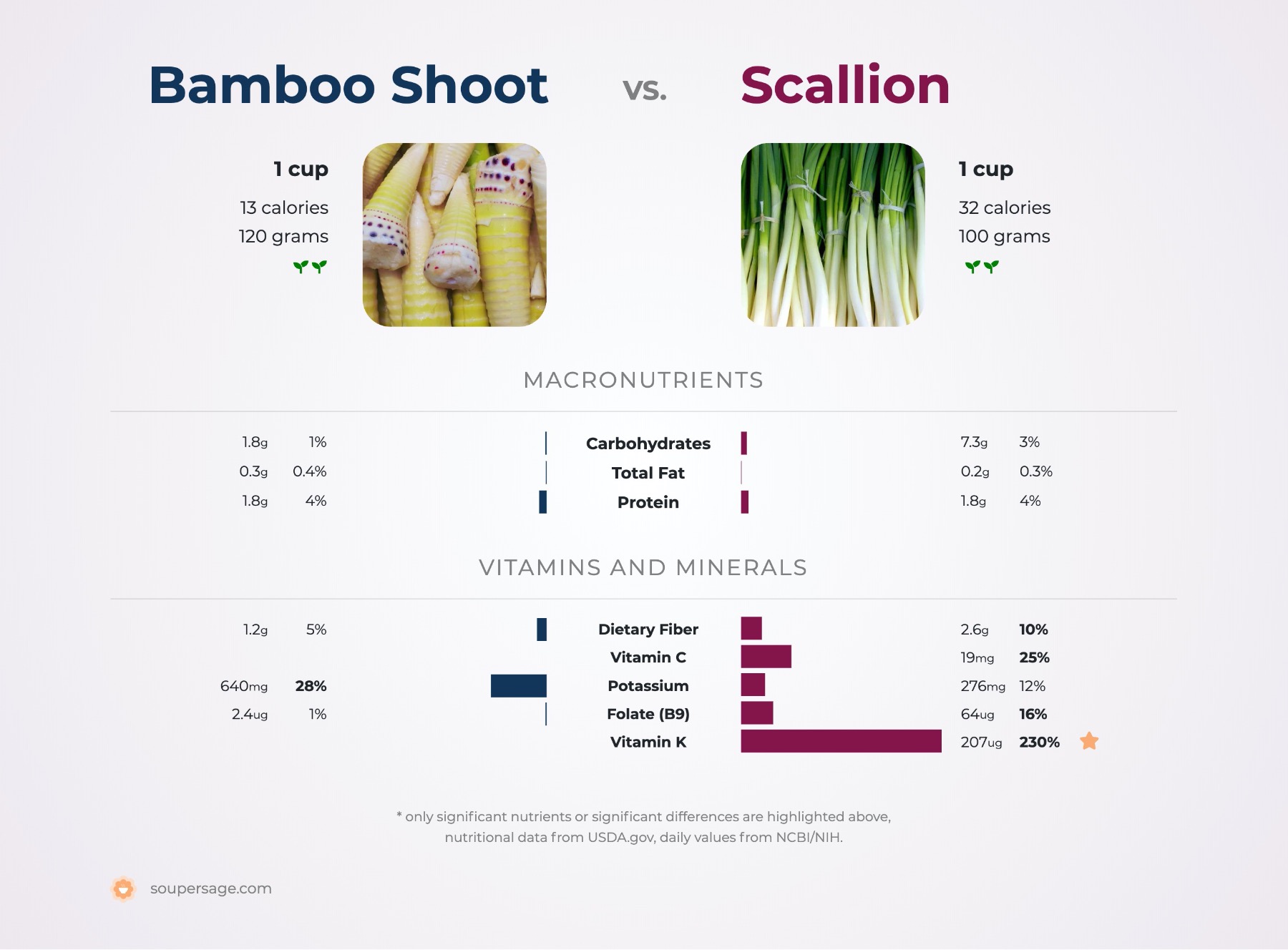 nutrition comparison of bamboo shoot vs. scallion