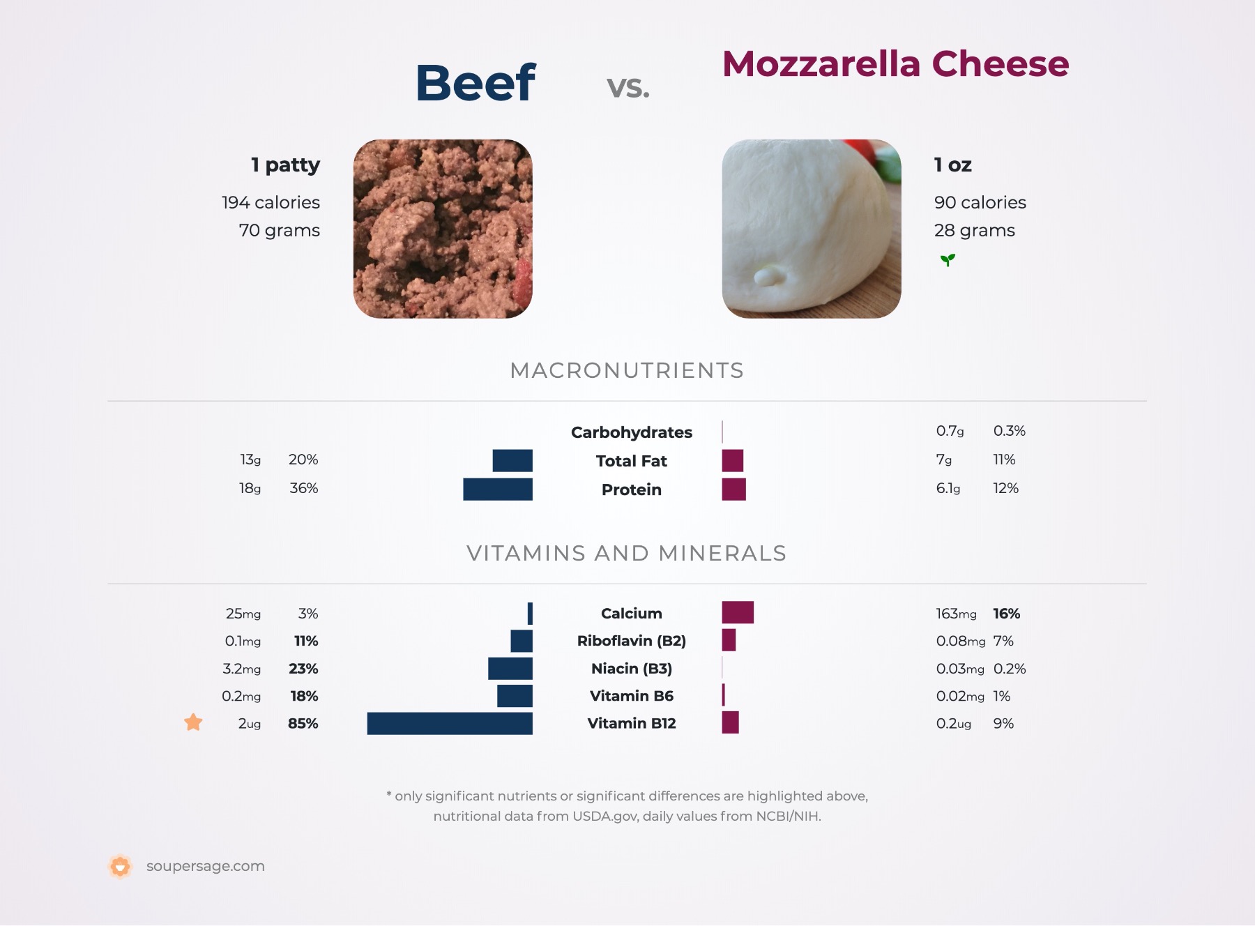 nutrition comparison of beef vs. mozzarella cheese