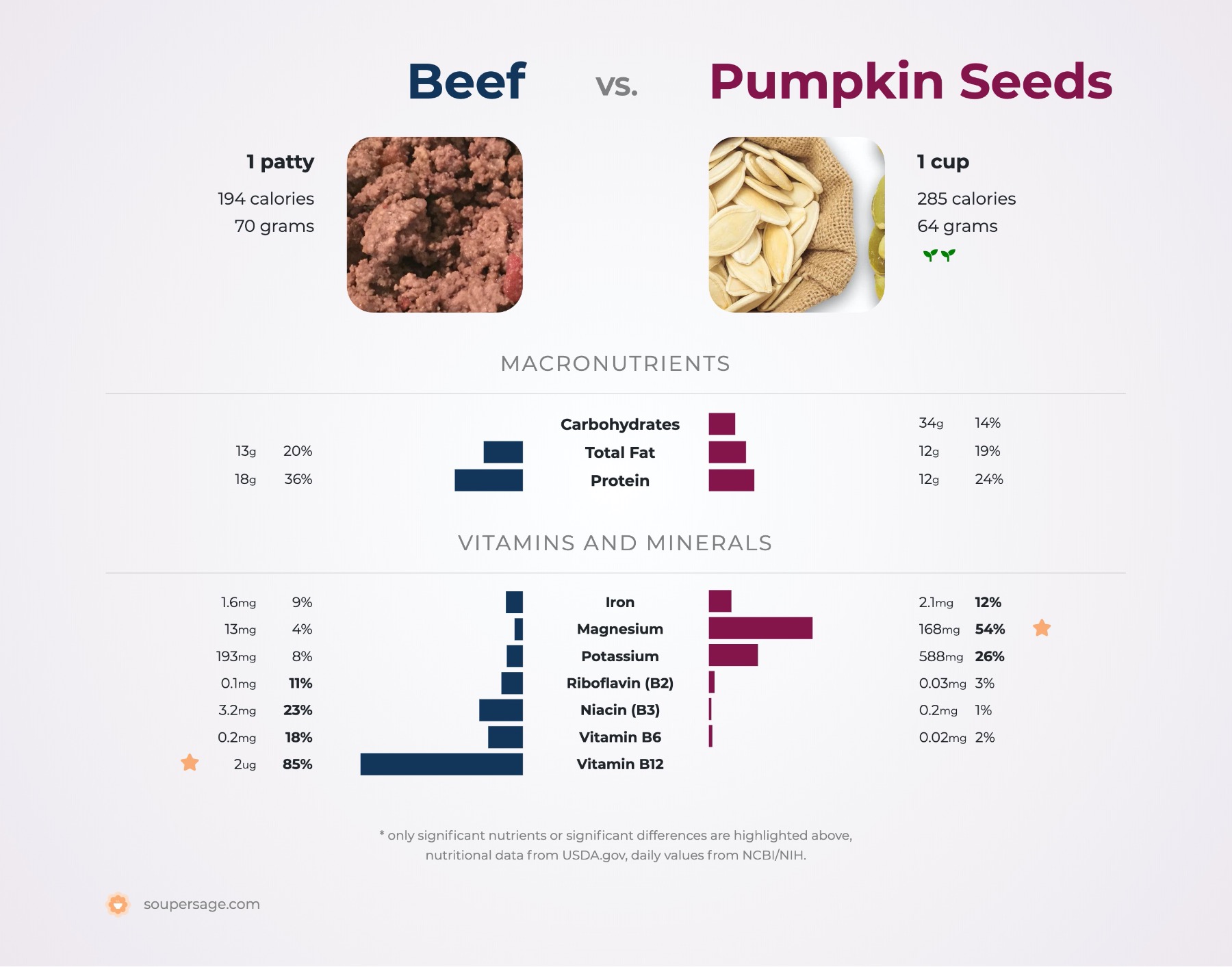 nutrition comparison of beef vs. pumpkin seeds