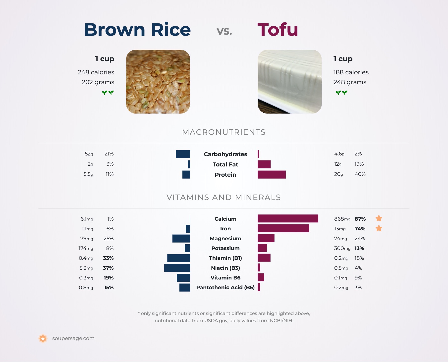 nutrition comparison of brown rice vs. tofu