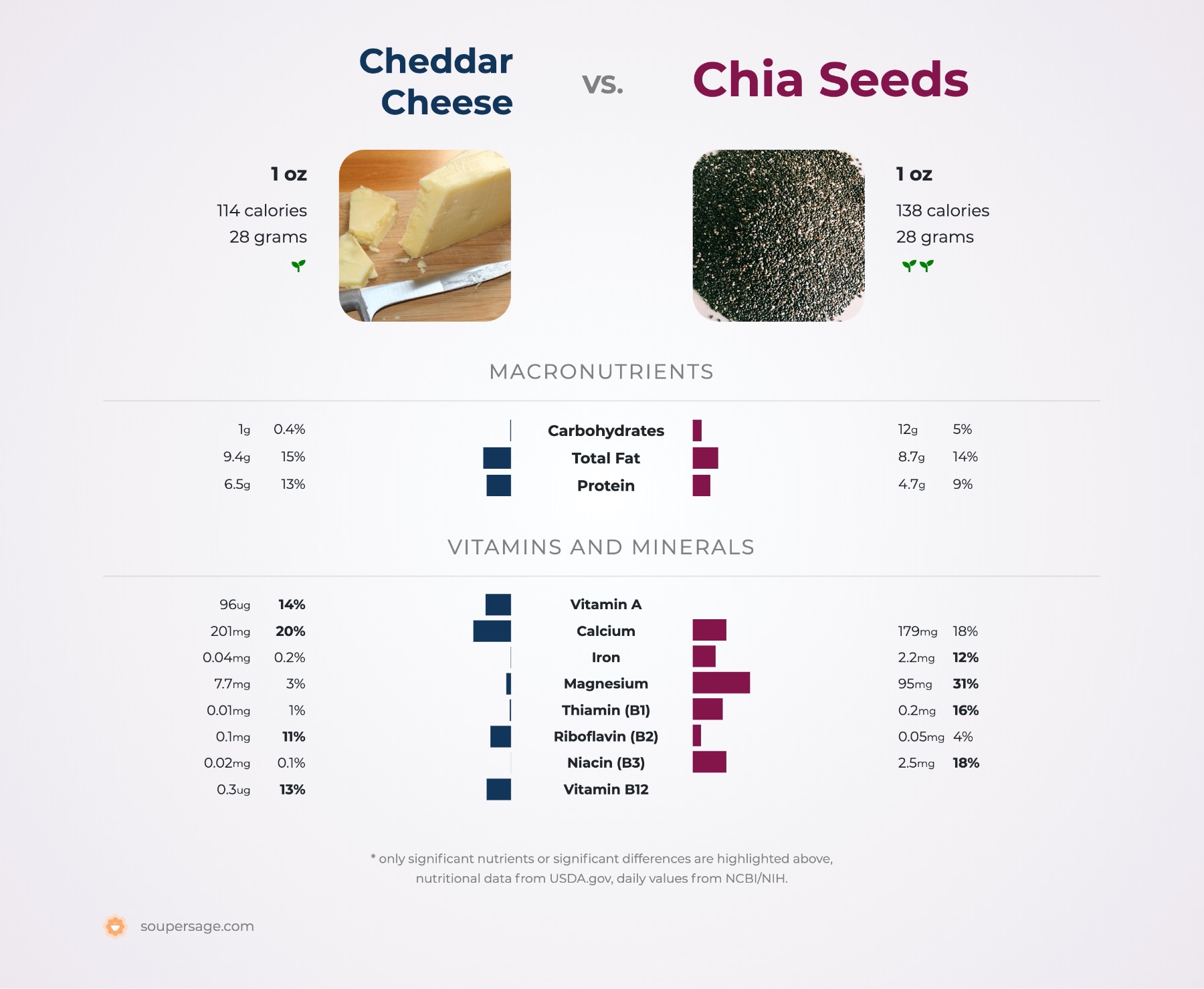 nutrition comparison of cheddar cheese vs. chia seeds