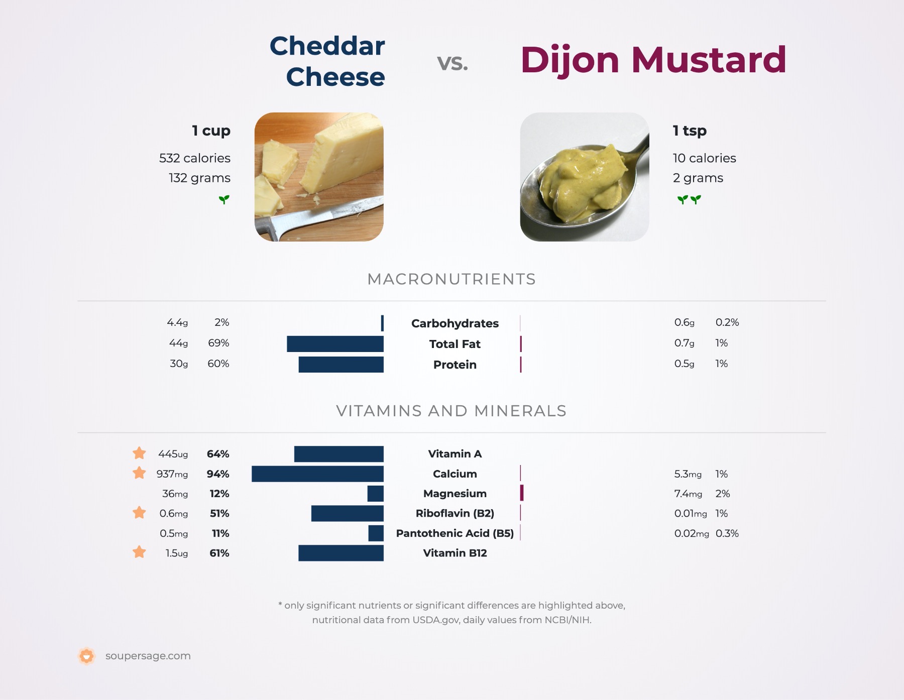 nutrition comparison of cheddar cheese vs. dijon mustard