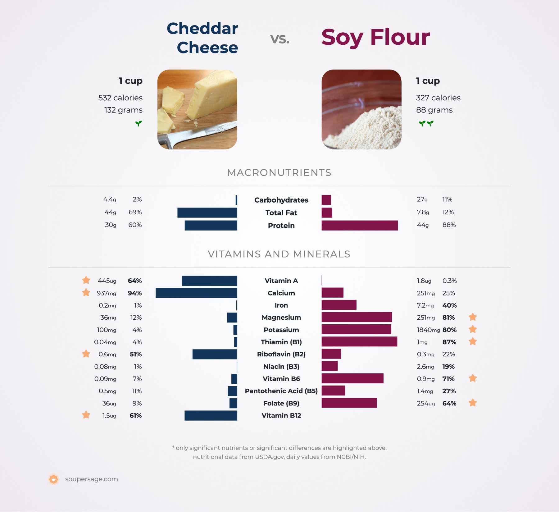 nutrition comparison of cheddar cheese vs. soy flour
