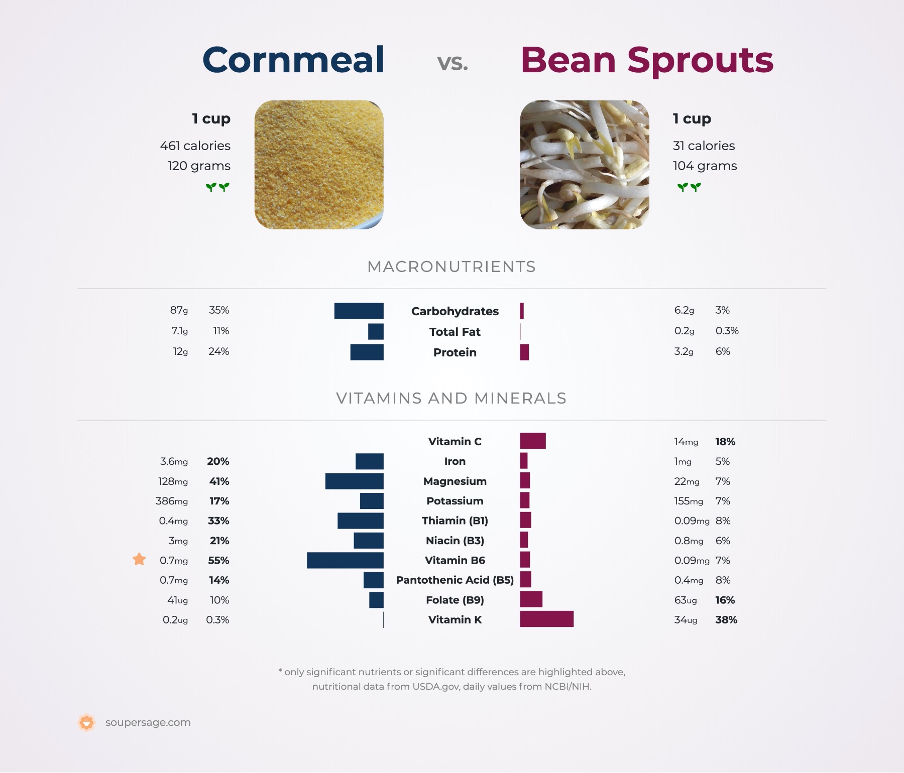 nutrition comparison of cornmeal vs. bean sprouts