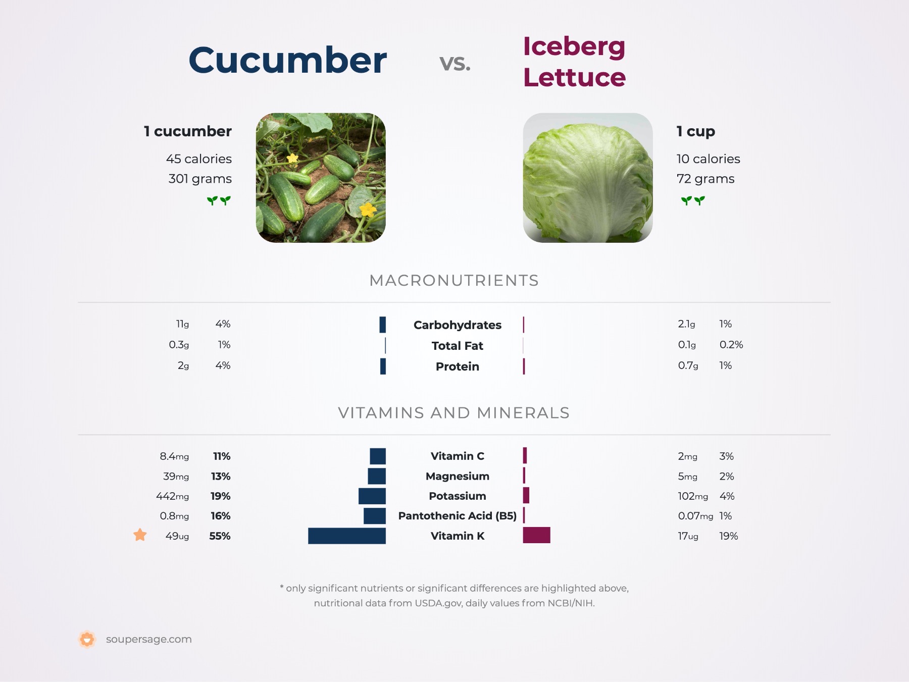 nutrition comparison of cucumber vs. iceberg lettuce