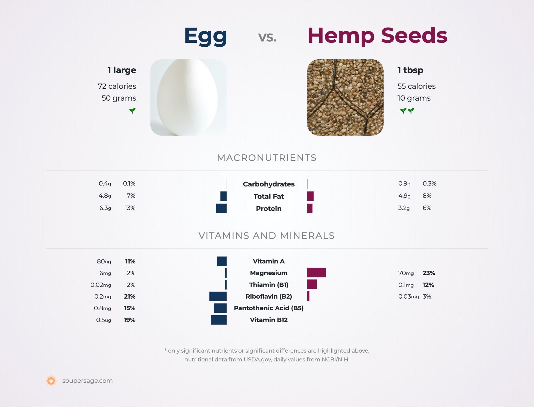 nutrition comparison of egg vs. hemp seeds