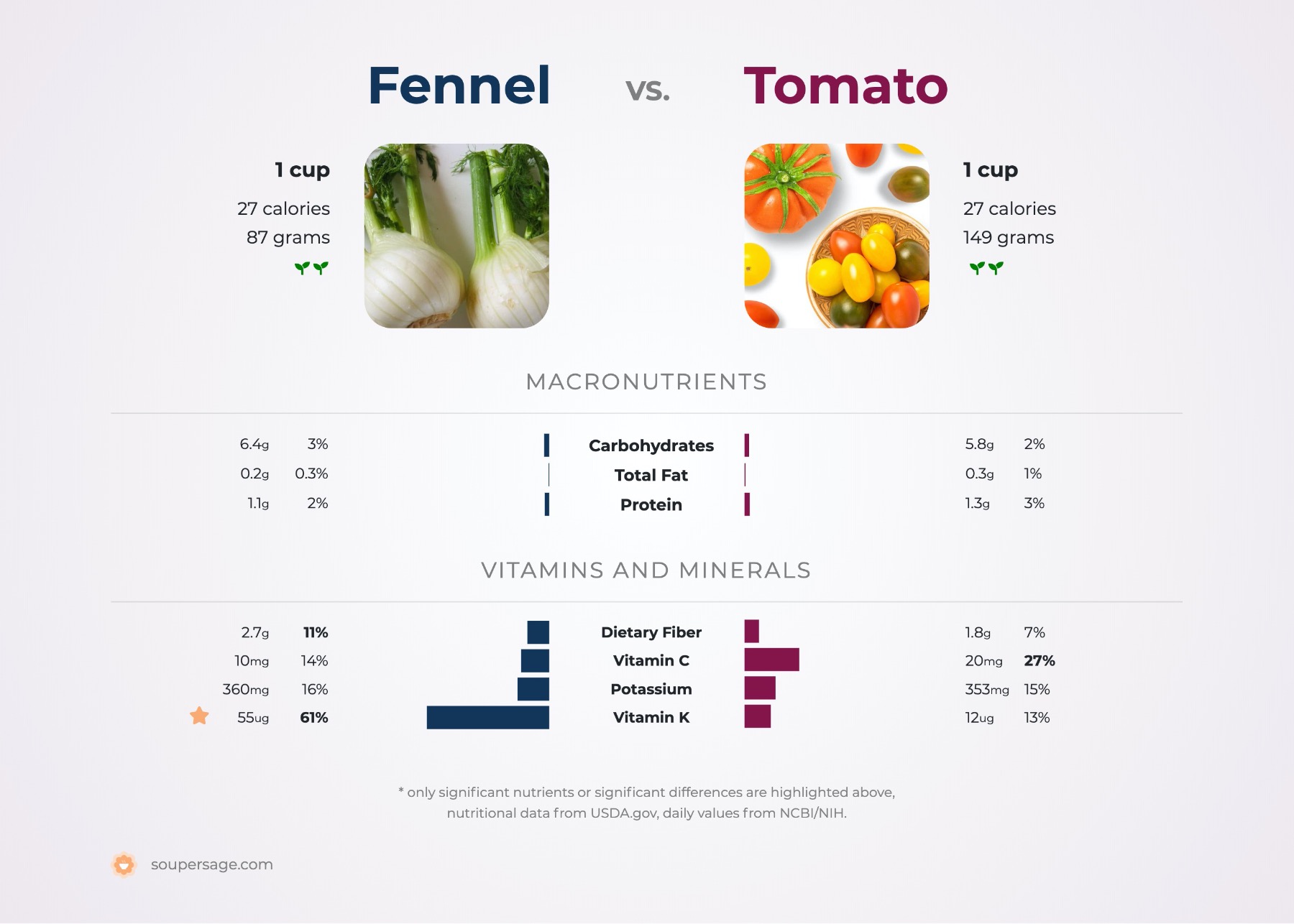 nutrition comparison of fennel vs. tomato