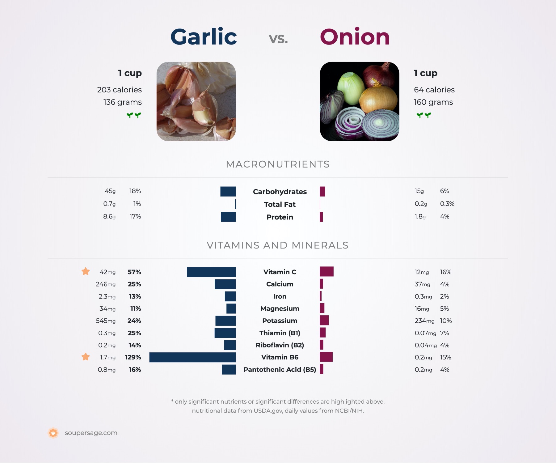 nutrition comparison of garlic vs. onion
