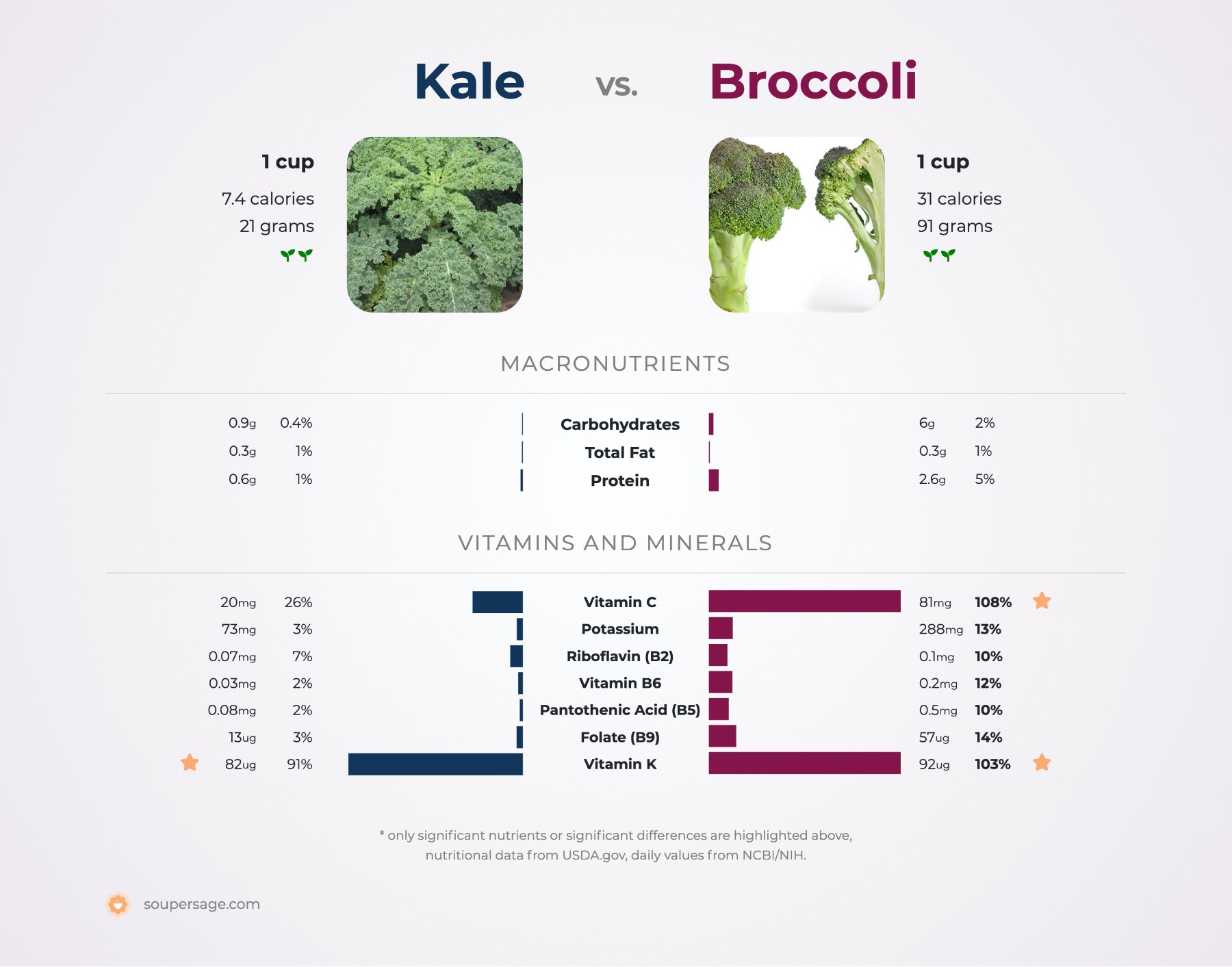 nutrition comparison of broccoli vs. kale
