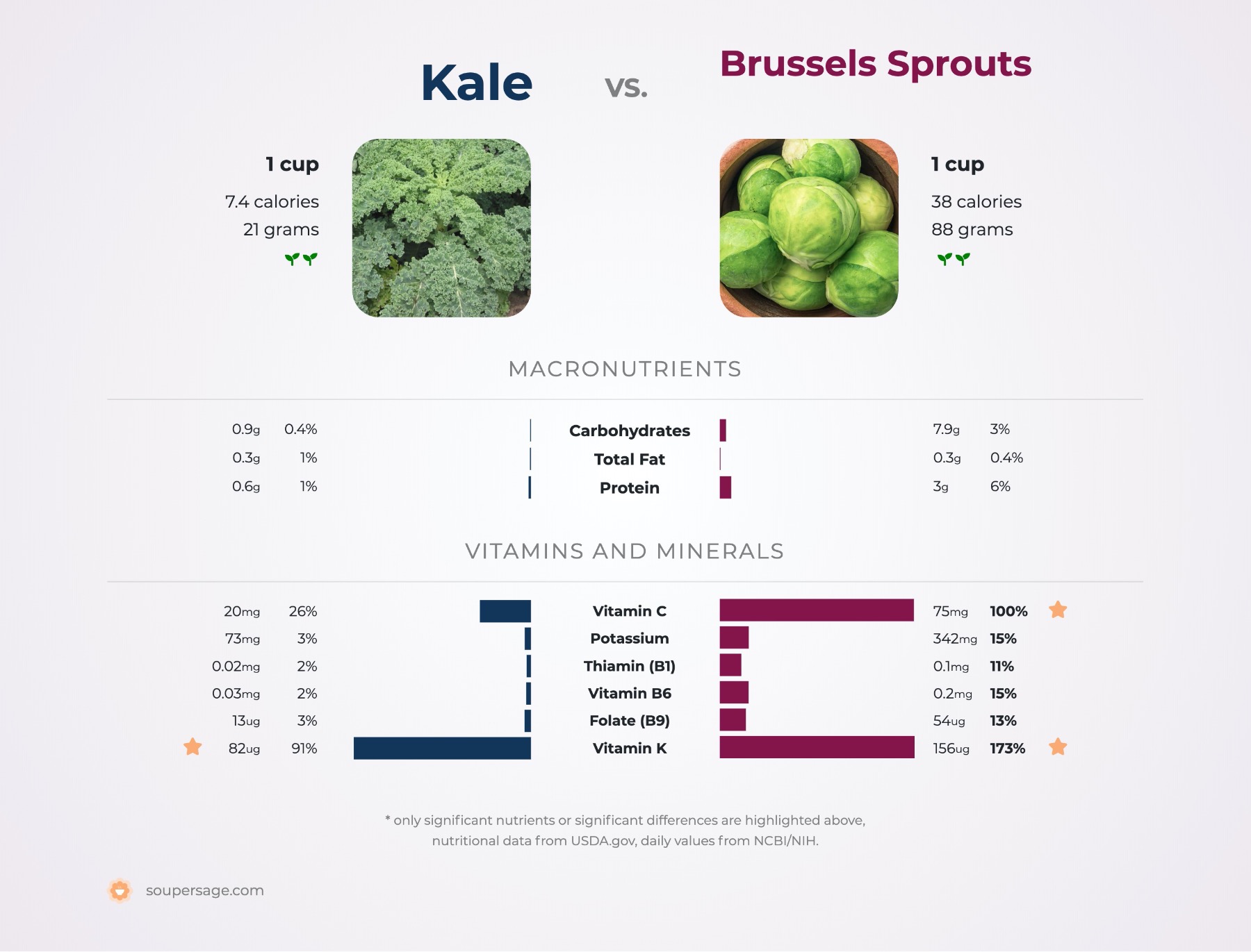 nutrition comparison of brussels sprouts vs. kale