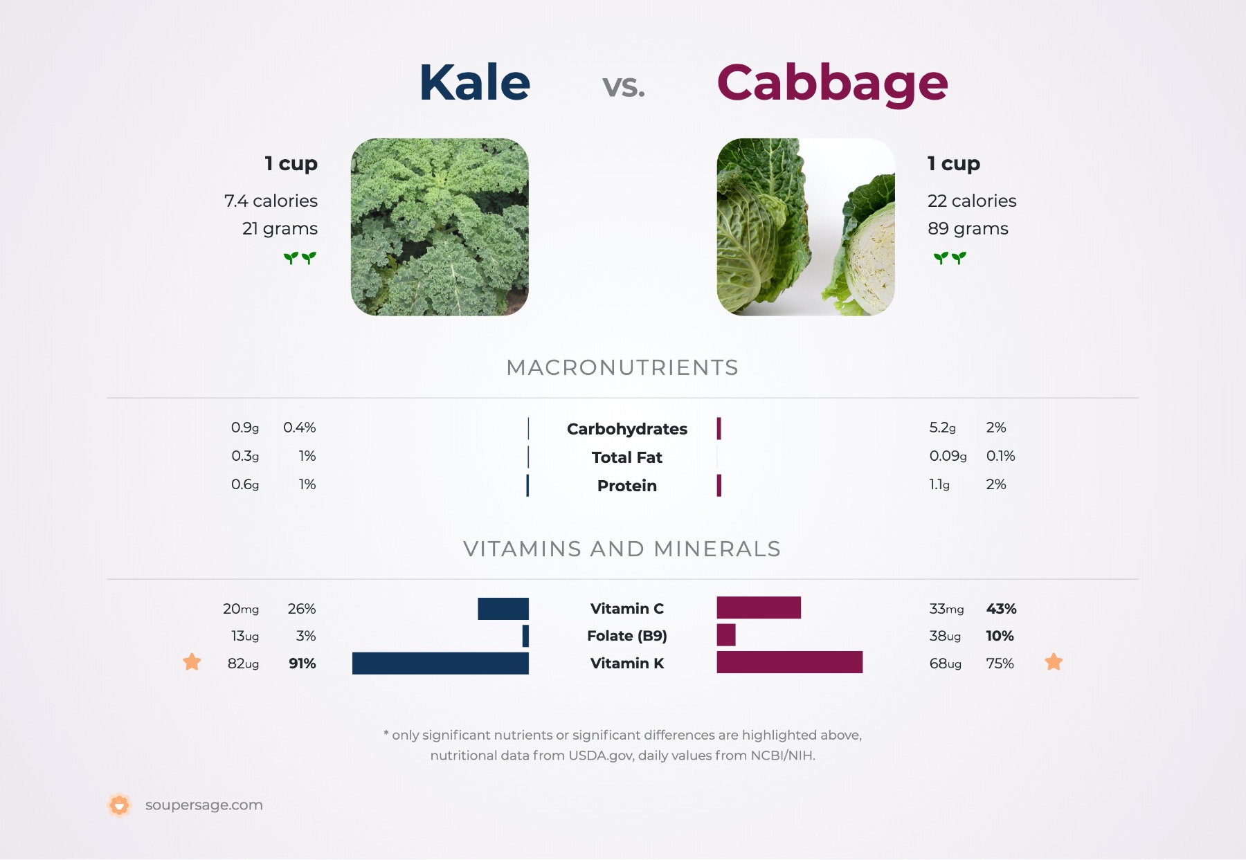 nutrition comparison of cabbage vs. kale