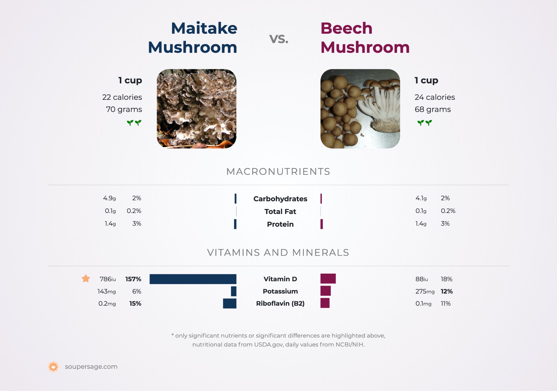 nutrition comparison of beech mushroom vs. maitake mushroom