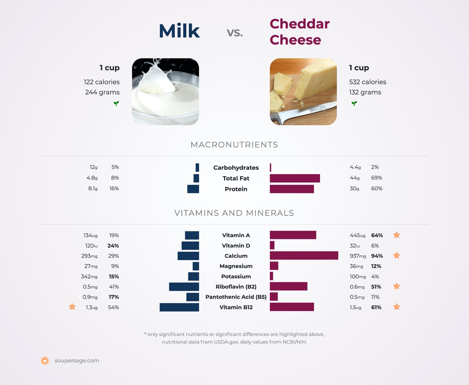 nutrition comparison of cheddar cheese vs. milk