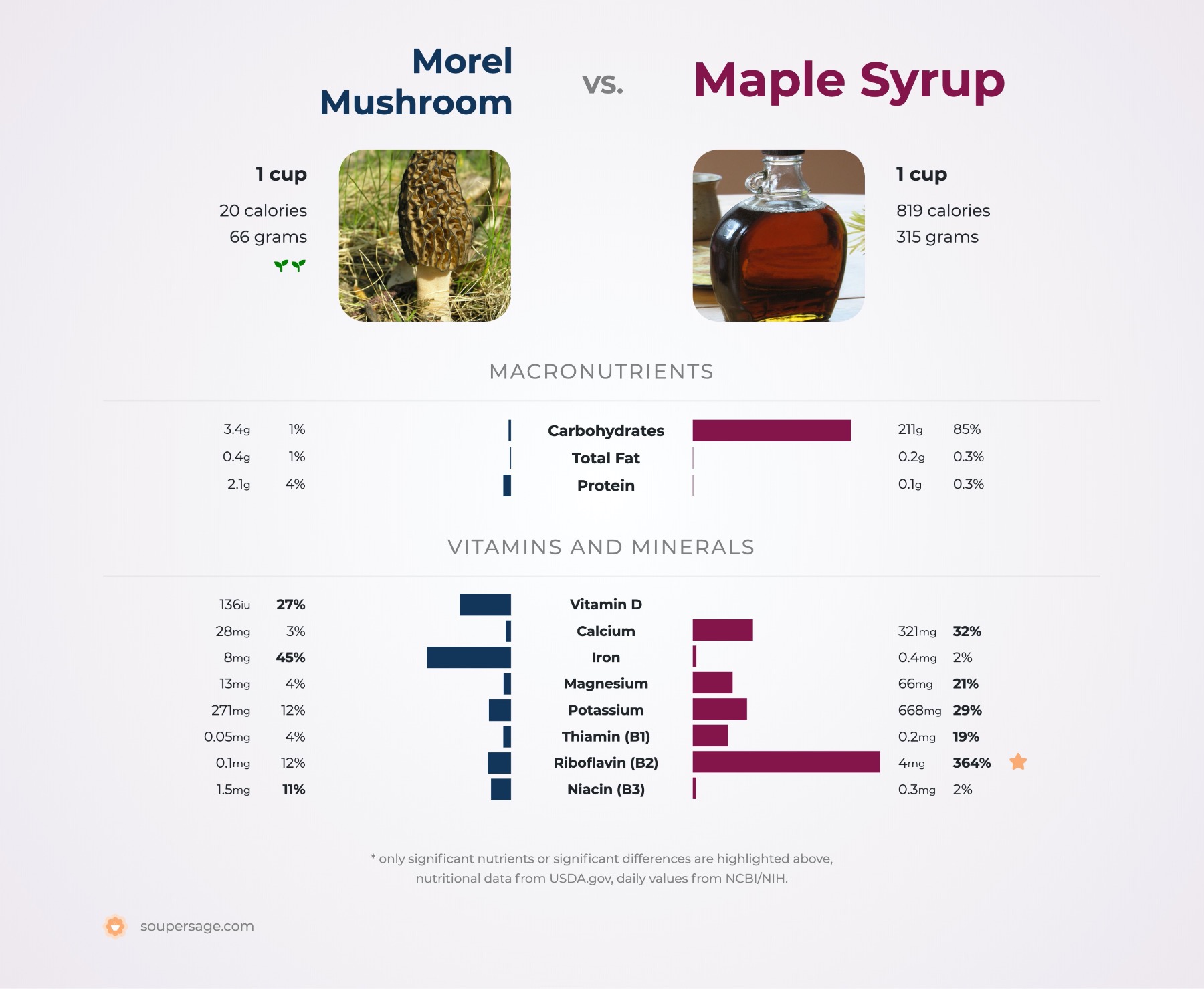 nutrition comparison of morel mushroom vs. maple syrup