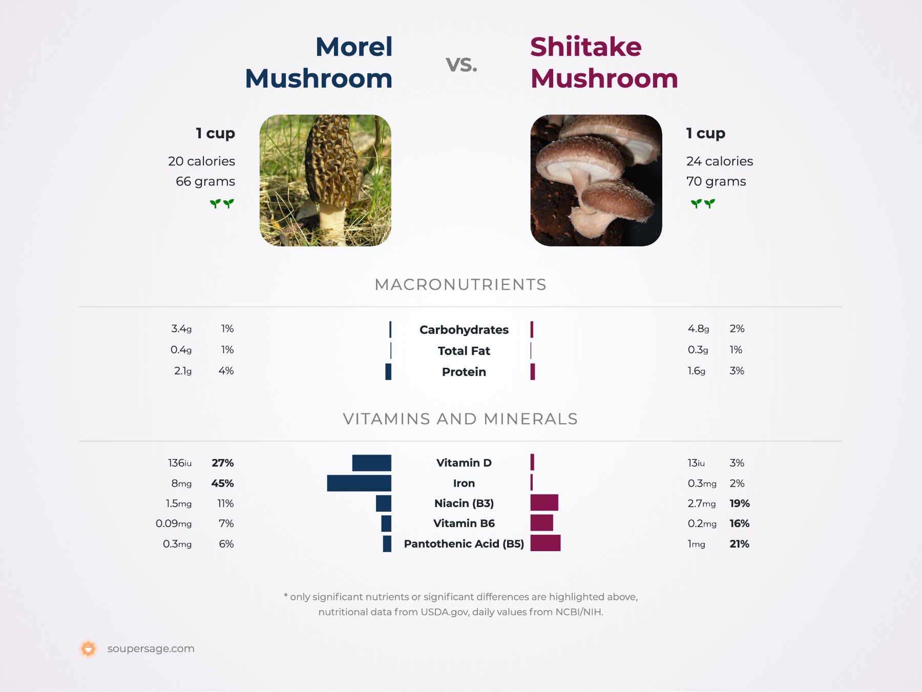 nutrition comparison of morel mushroom vs. shiitake mushroom