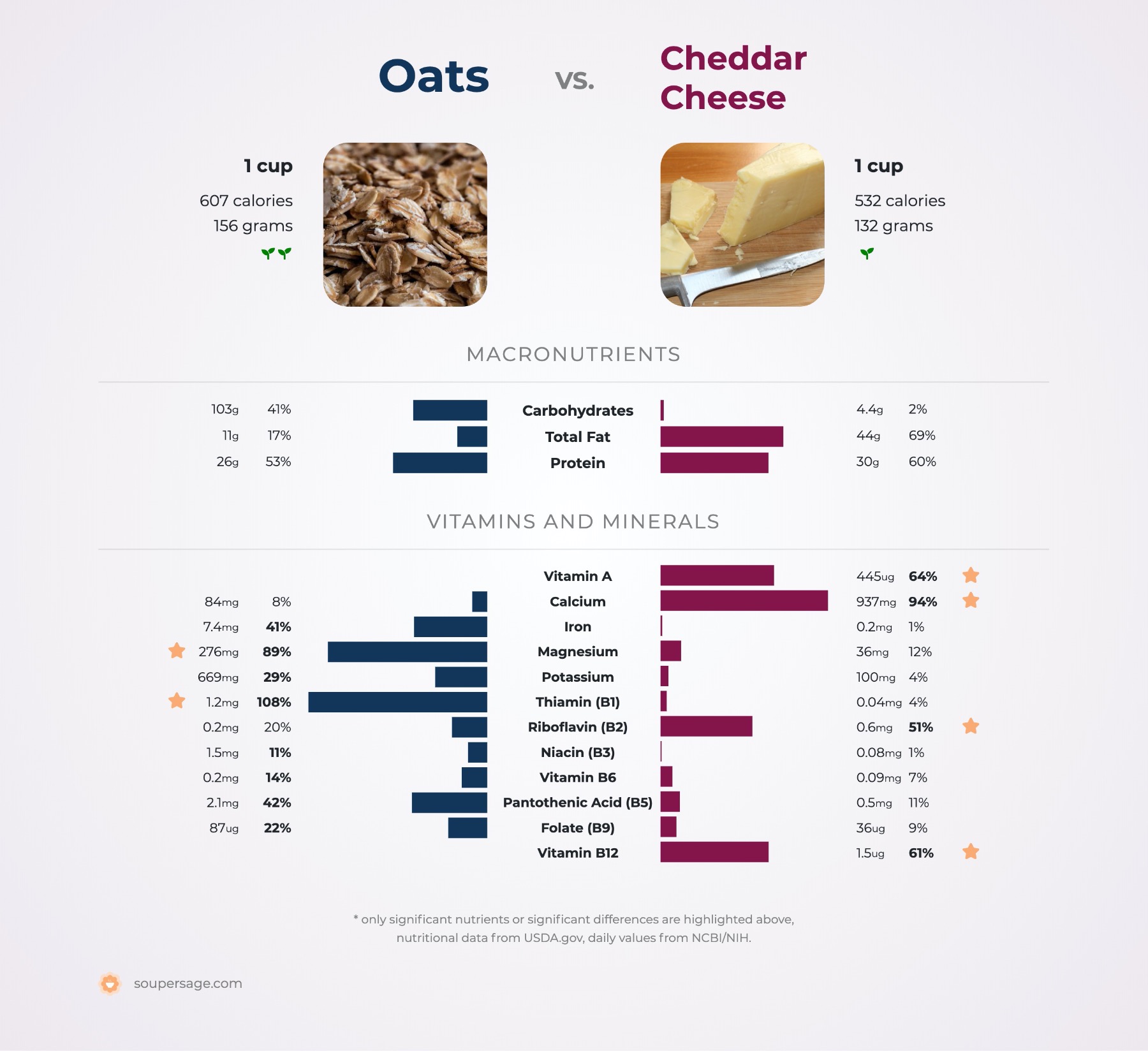 nutrition comparison of oats vs. cheddar cheese