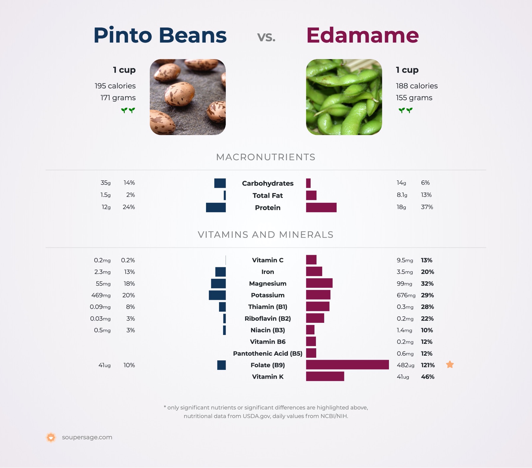 nutrition comparison of pinto beans vs. edamame
