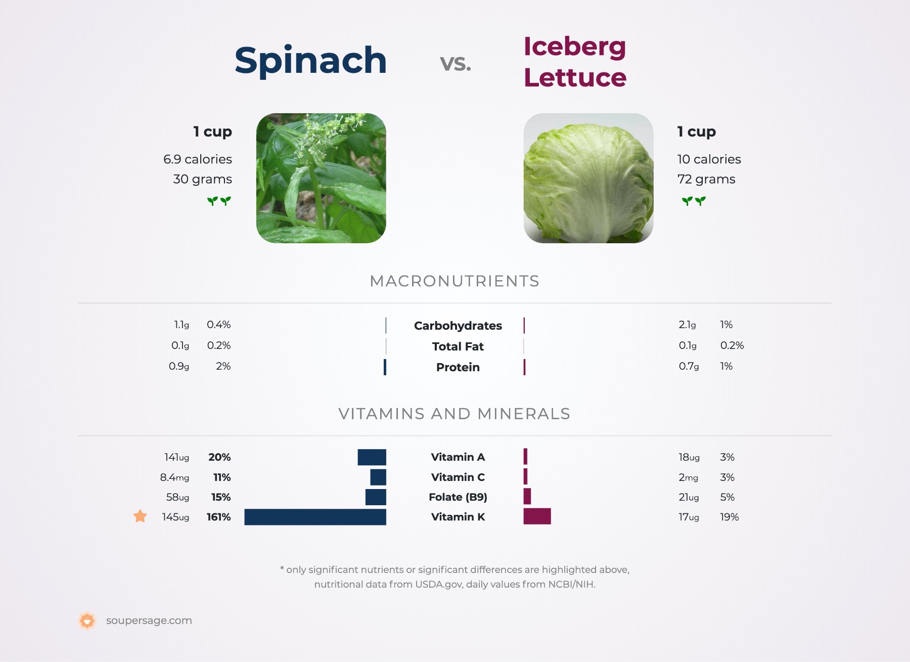 nutrition comparison of iceberg lettuce vs. spinach