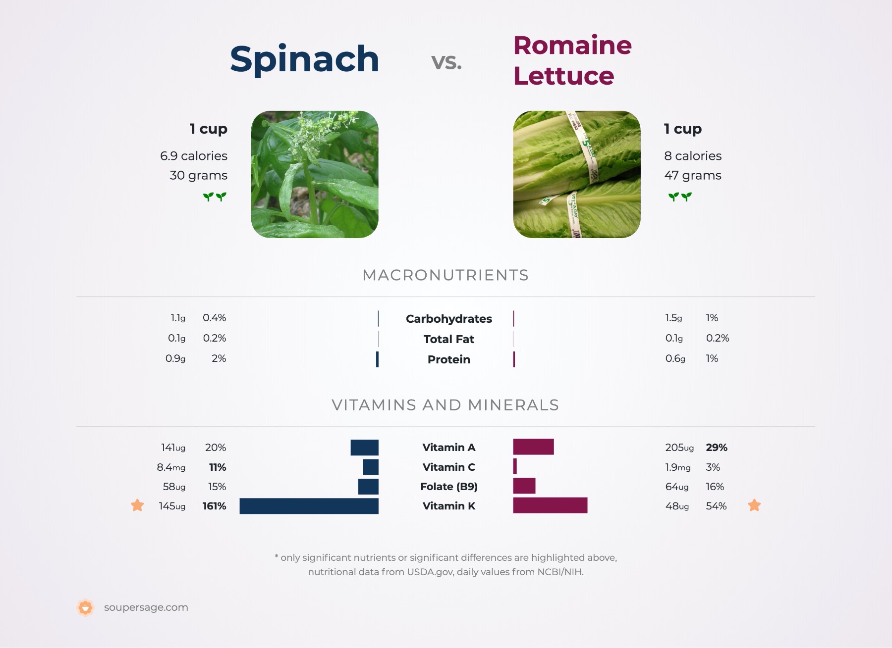 nutrition comparison of romaine lettuce vs. spinach