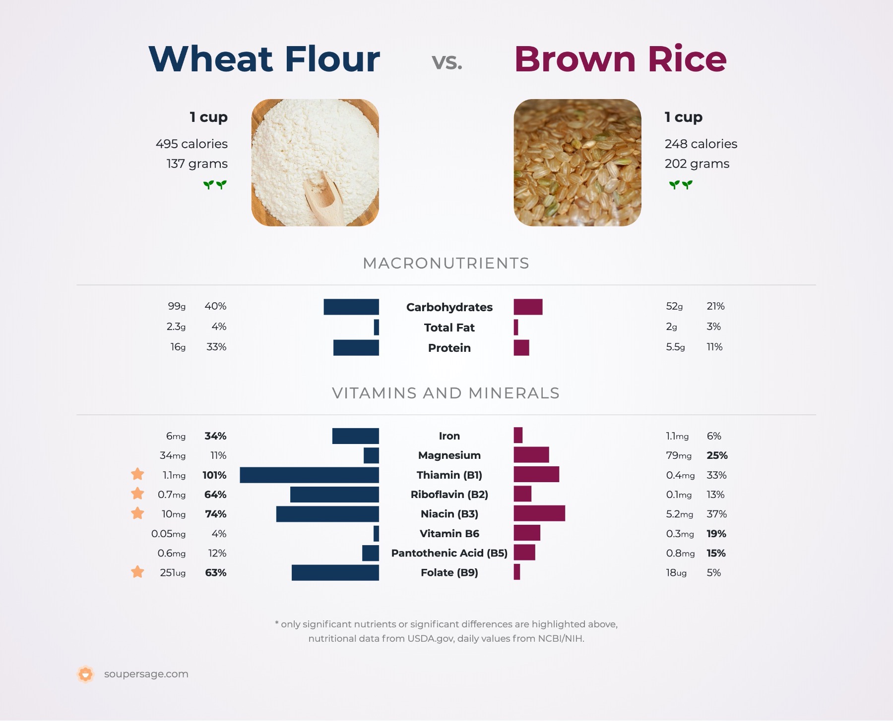 nutrition comparison of brown rice vs. wheat flour