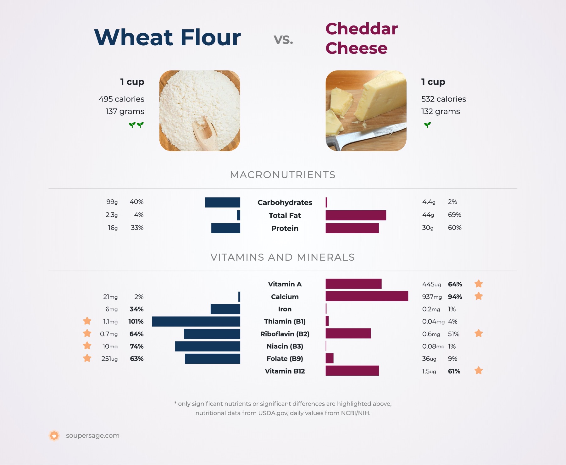 nutrition comparison of wheat flour vs. cheddar cheese