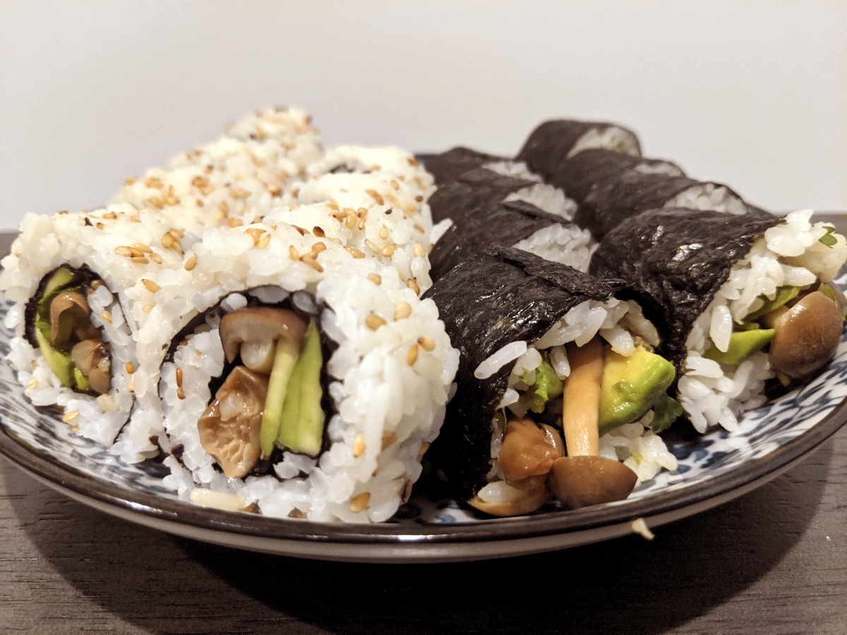 image of vegan beech mushroom avocado sushi